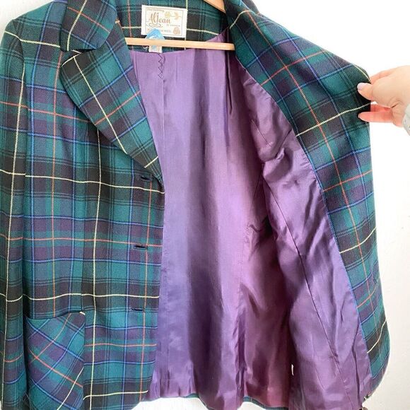 Vintage Tartan Plaid Pure Virgin Wool Blazer Women’s Med Green Single Breasted - Picture 3 of 9